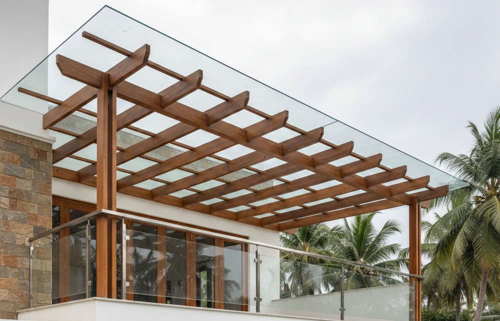 Experience Modern Outdoor Elegance with Glass Pergola Works by Green Interio Fusion