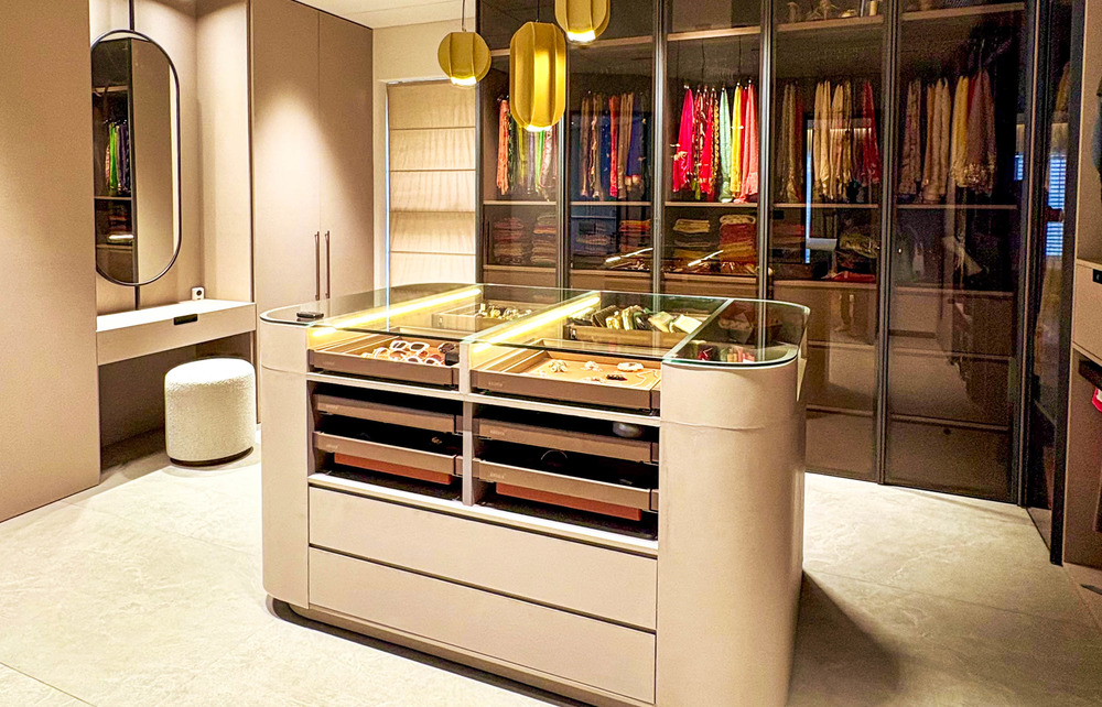 Maximize Your Walk In Closet Potential with a Premium Wardrobe and Central Island Unit by Green Interio Fusion