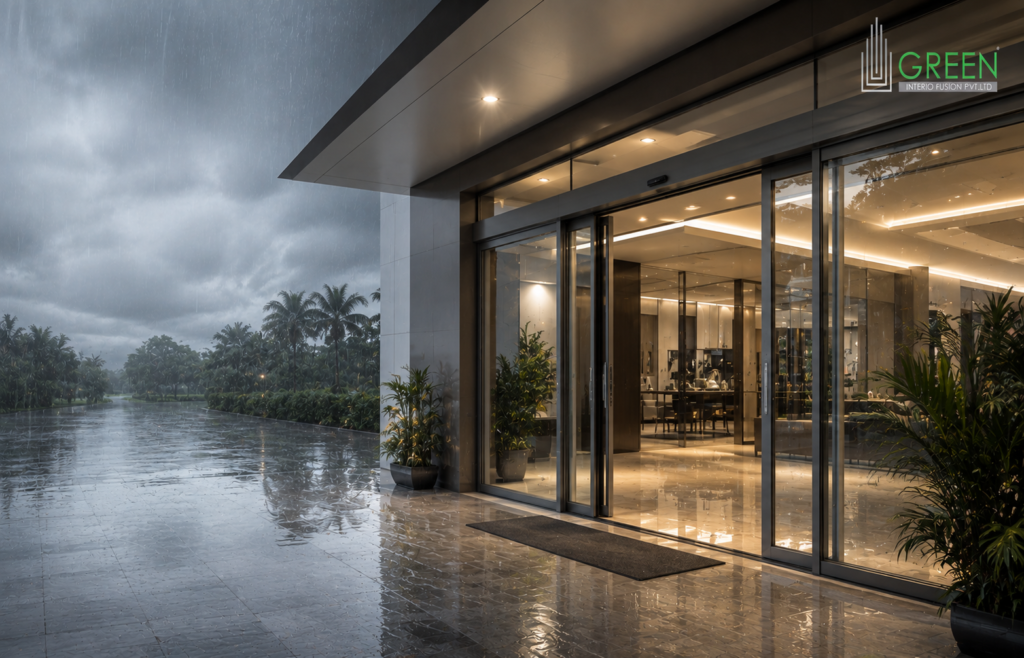 Automatic sliding glass door installed at a modern commercial entrance, preventing rainwater from entering during Kerala's monsoon season with weatherproof glass and aluminium framing.