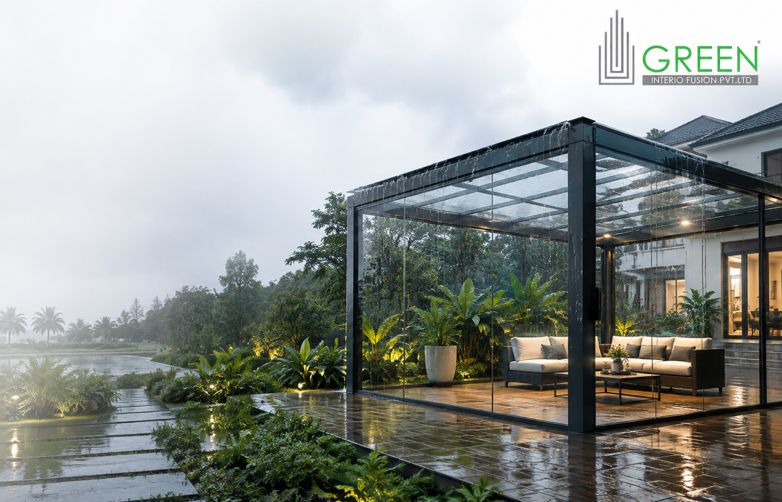 Luxury glass gazebo attached to a modern Kerala villa during monsoon, featuring weatherproof laminated glass and aluminium framing with a dry, elegant outdoor living space.