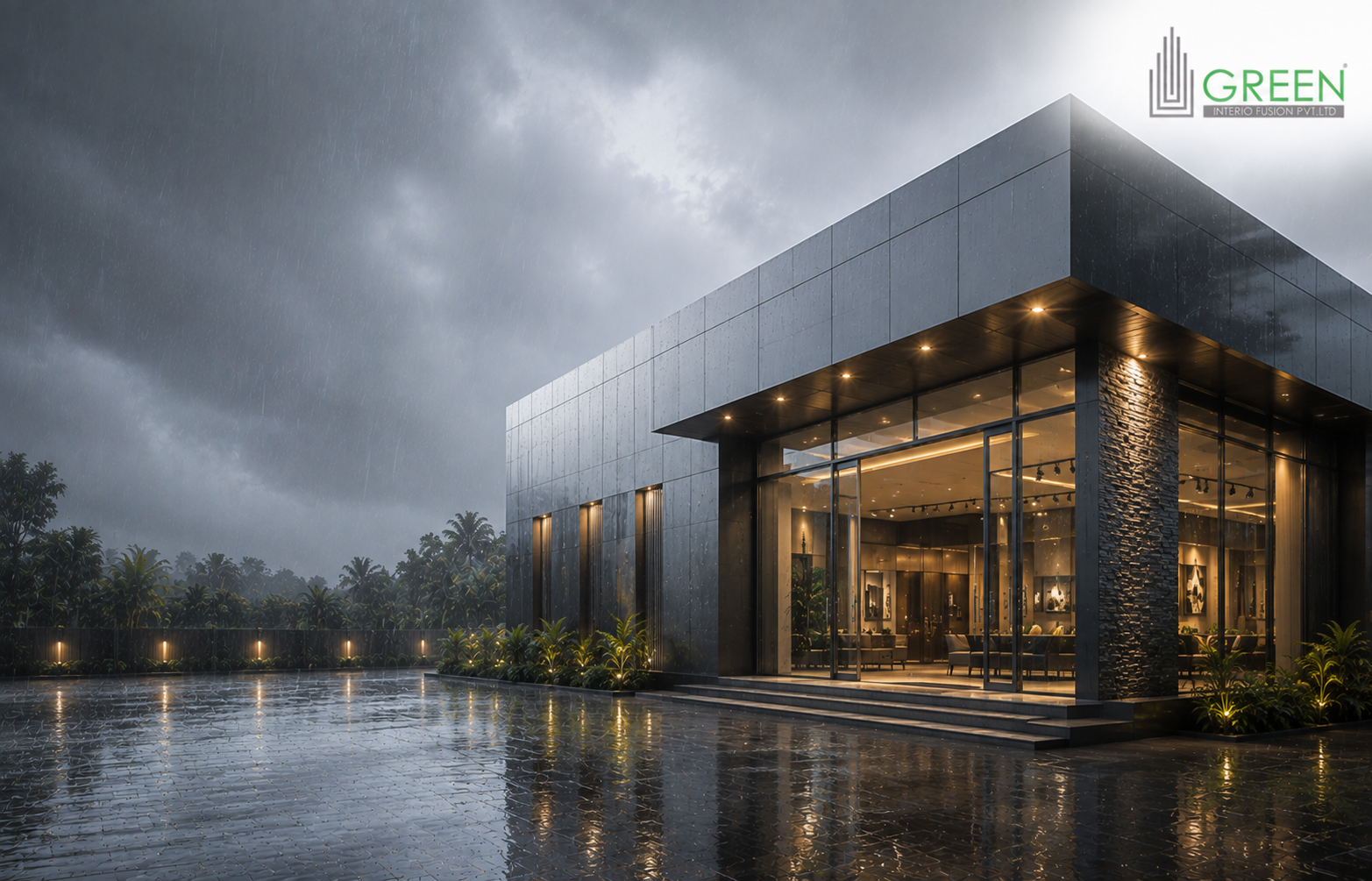 Modern showroom frontage in Kerala featuring premium ACP cladding designed for monsoon water protection and seamless joints