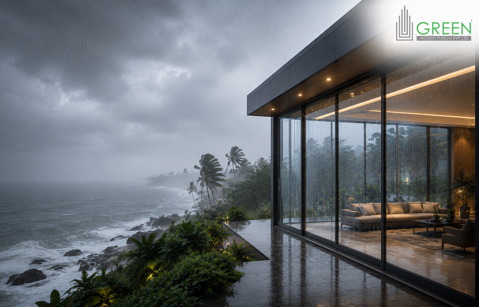 Modern commercial building with heavy-duty laminated glass facade designed to withstand Kerala's monsoon winds, featuring premium weatherproof glass and aluminium architecture.