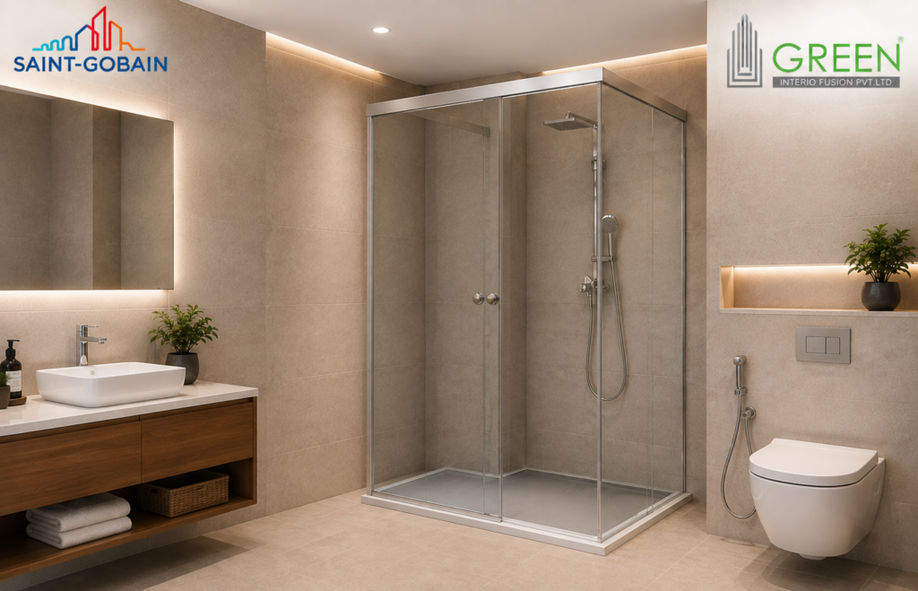 Modern swing shower glass partition using Saint-Gobain glass by Green Interio Fusion