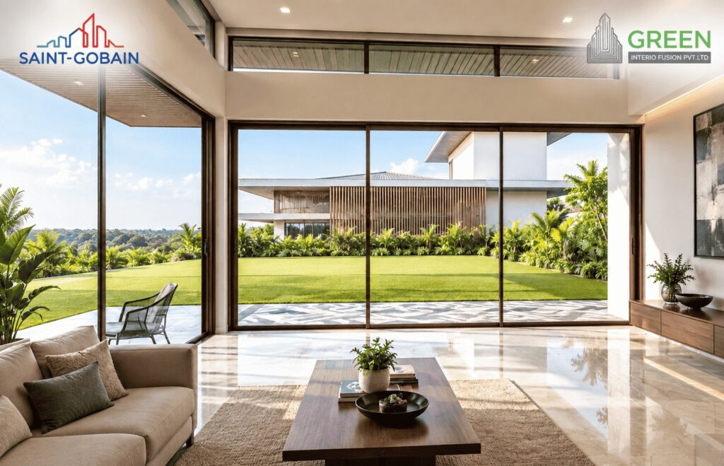 Saint Gobain slim aluminium sliding doors in Thrissur by Green Interio Fusion